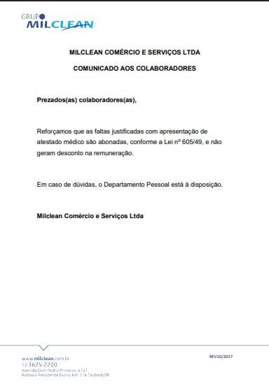 Documento anexo: MILCLEAN COMÉRCIO E SERVIÇOS LTDA COMUNICADO AOS COLABORADORES
