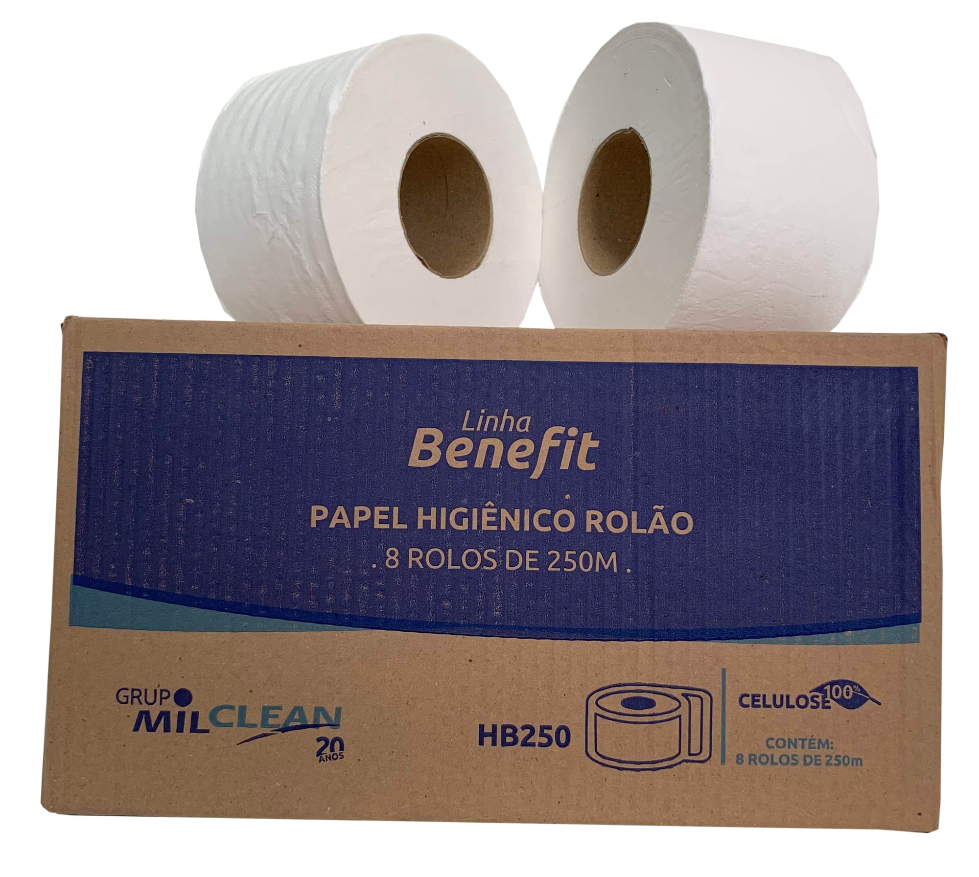 Papel higiênico rolão (100% celulose, 8 rolos de 250m)