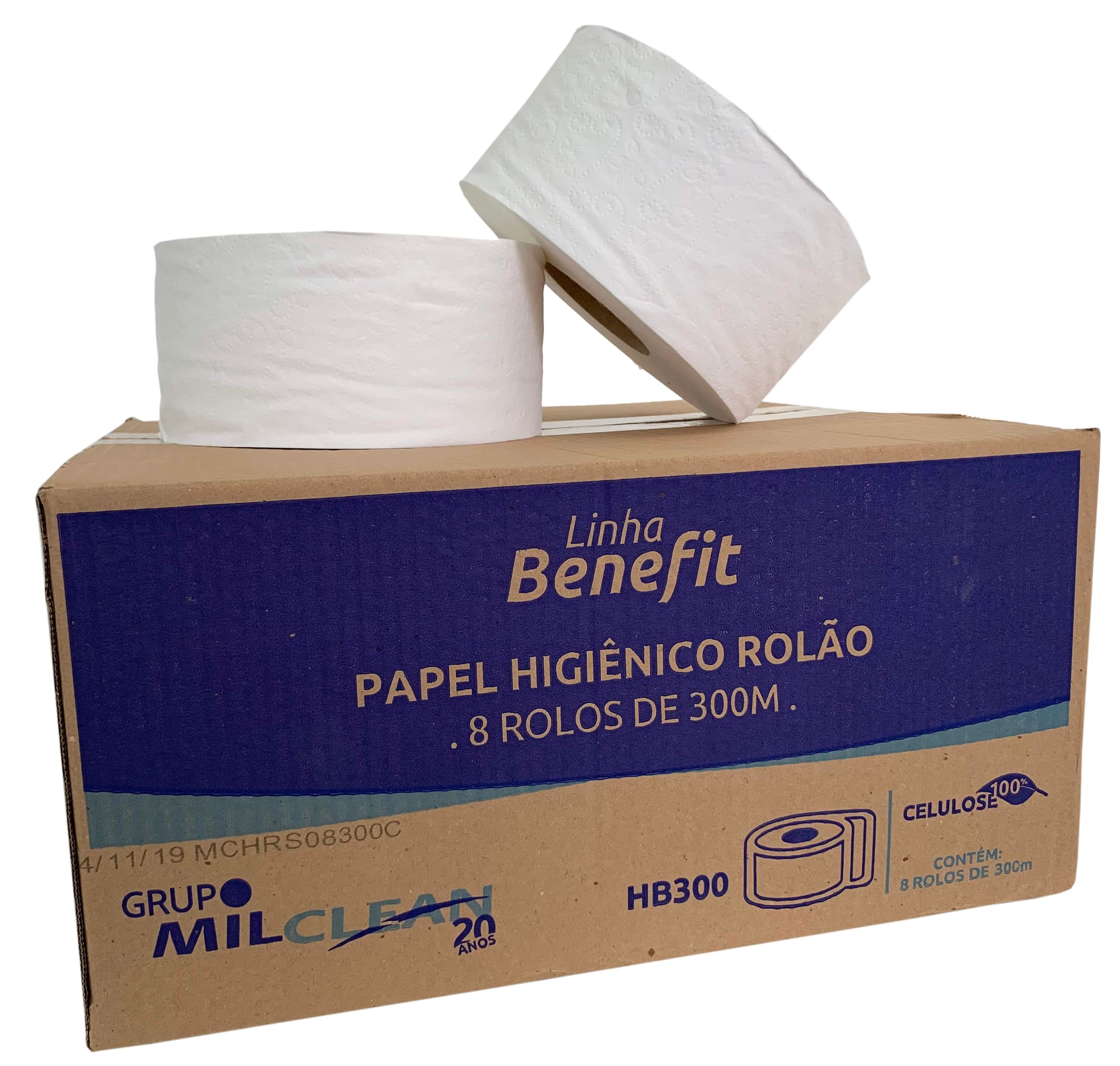 Papel higiênico rolão (100% celulose, 8 rolos de 300m)