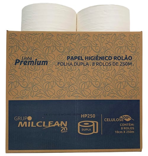 Papel higiênico rolão (100% celulose, folha dupla, 8 rolos de 250m)