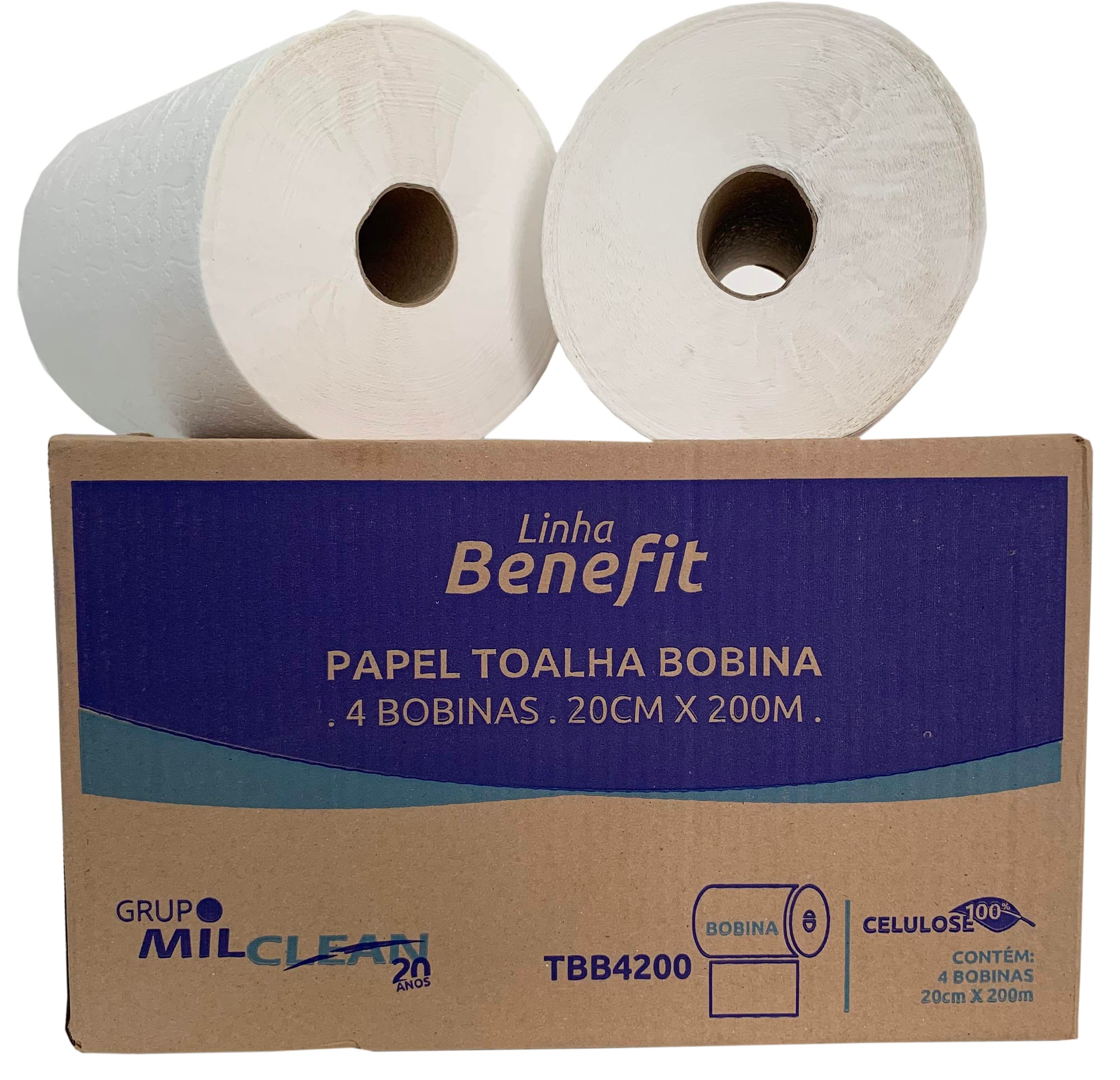 Papel toalha bobina (100% celulose, 4 bobinas de 20cm x 200m)