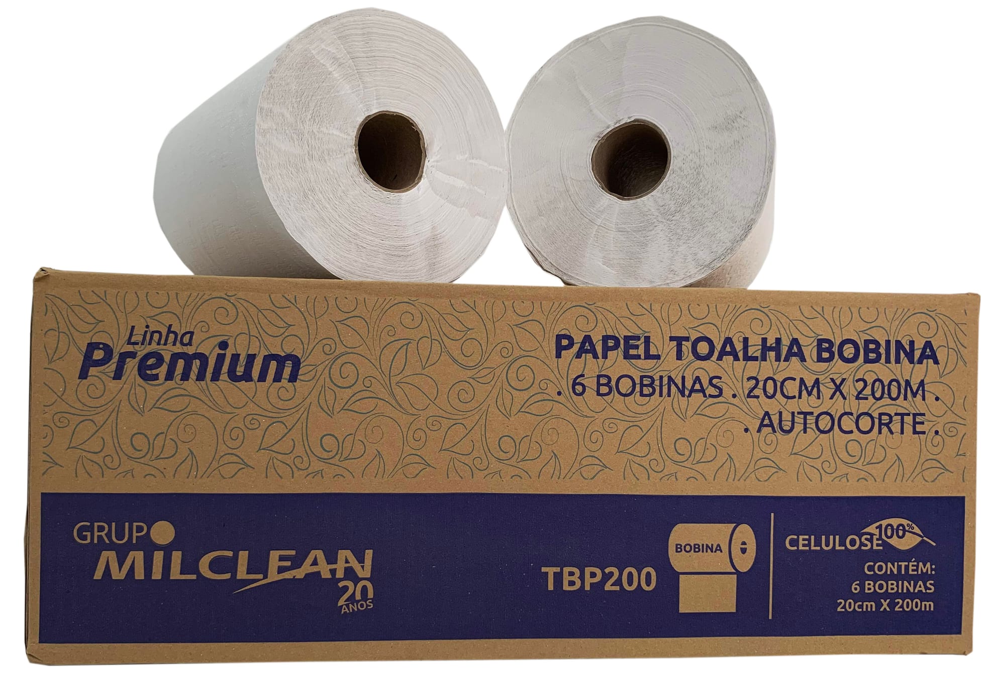 Papel toalha bobina (100% celulose, 6 bobinas, 20cm x 200m, autocorte)