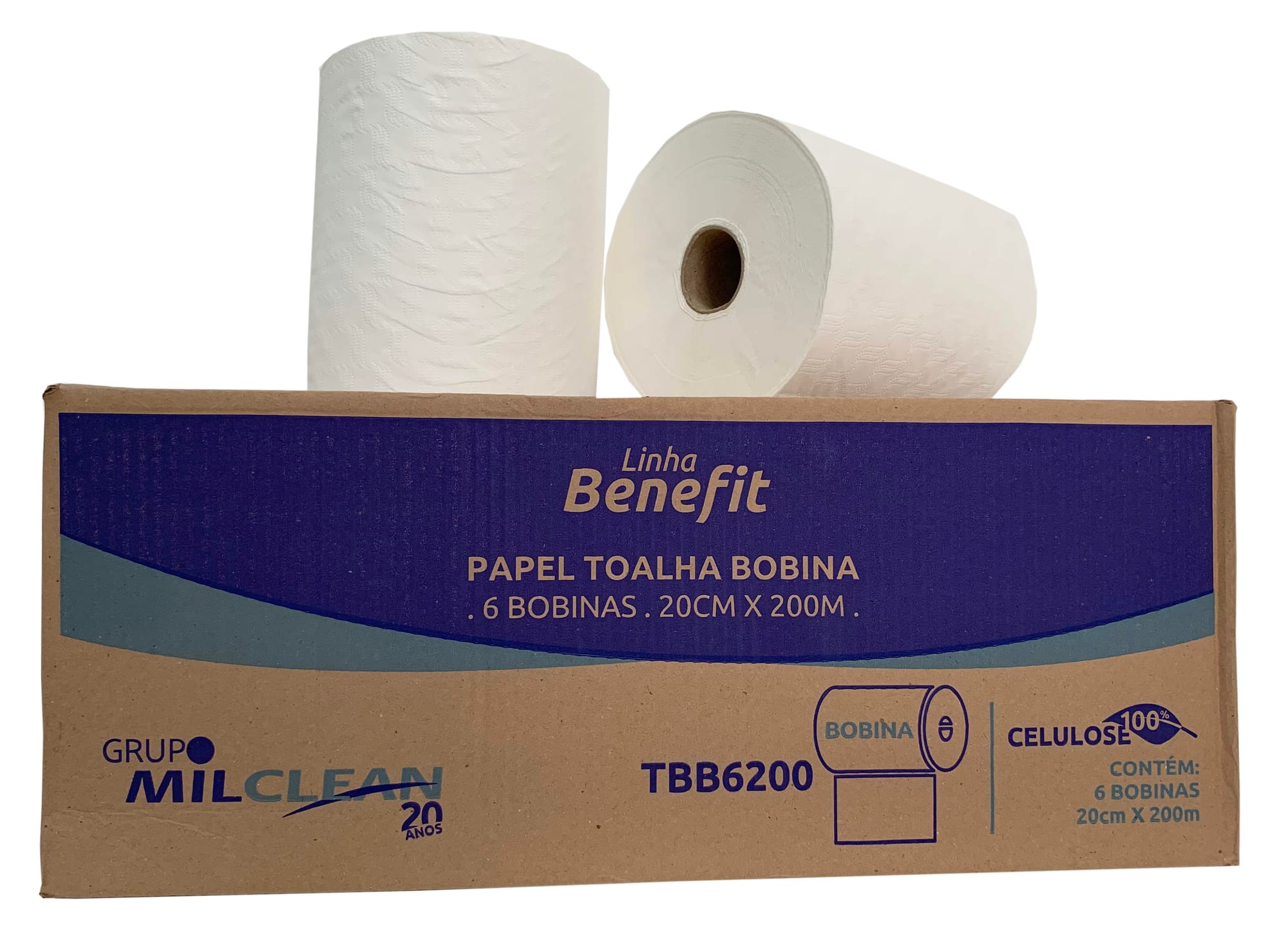 Papel toalha bobina (100% celulose, 6 bobinas de 20cm x 200m)