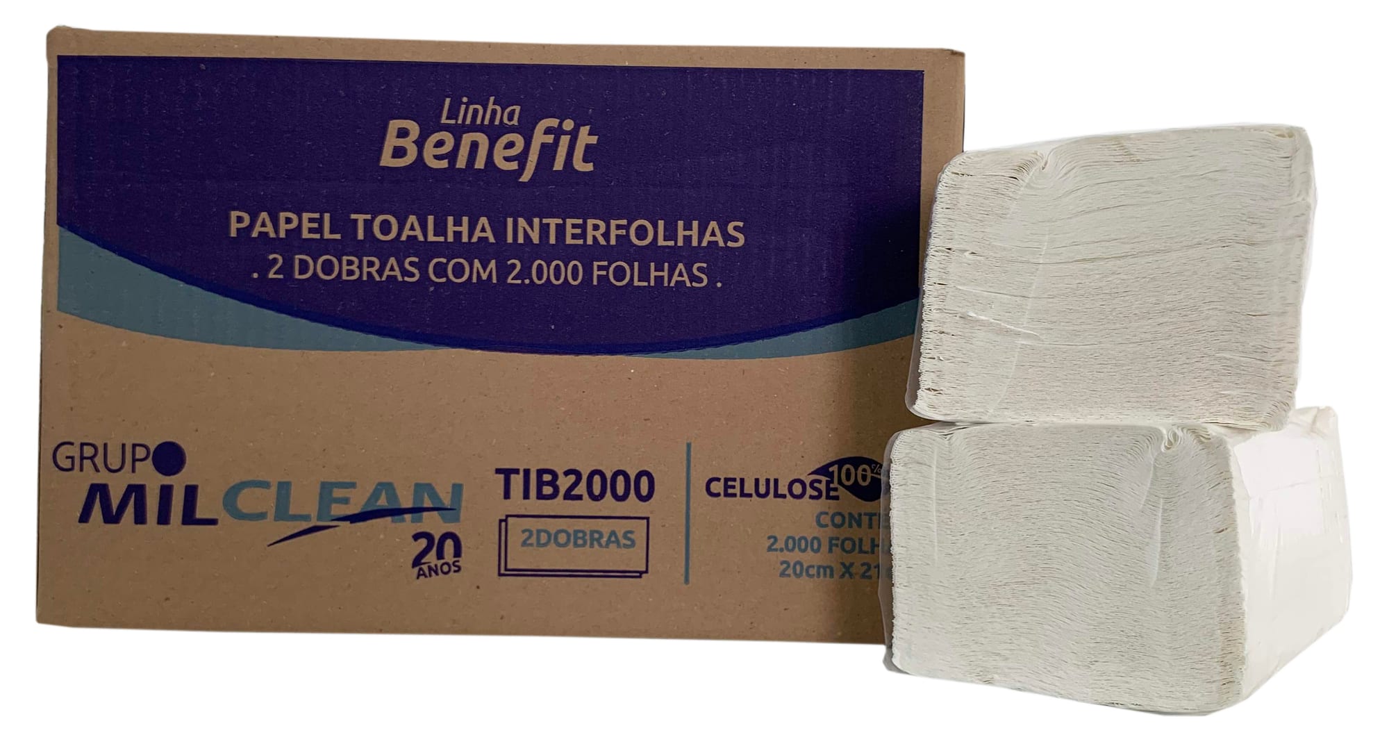 Papel toalha interfolhas (100% celulose, 2 dobras com 2.000 folhas)