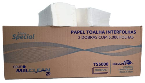 Papel toalha interfolhas (100% celulose, 2 dobras com 5.000 folhas)