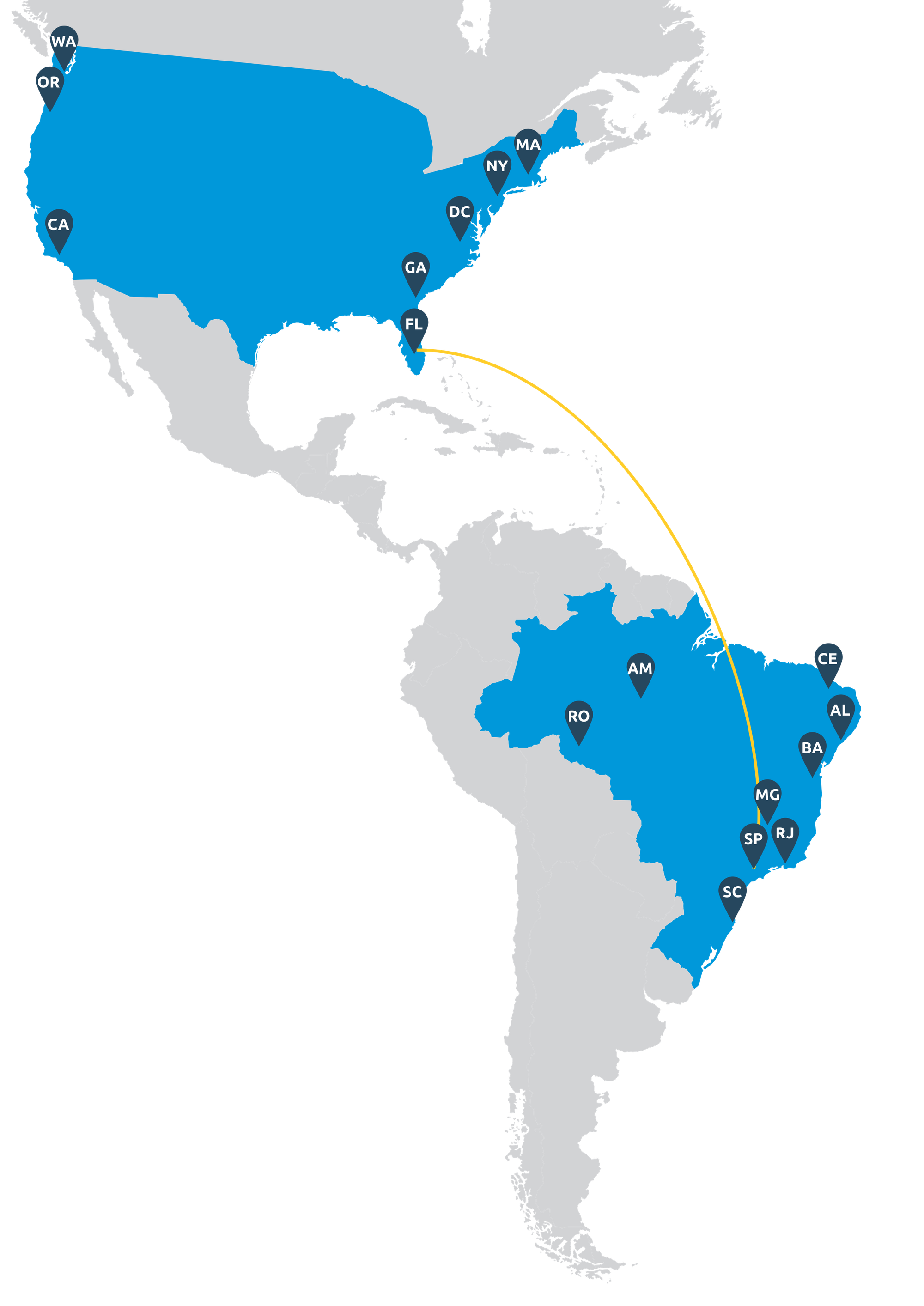 Mapa de atuação do Grupo Milclean: estados brasileiros e Flórida, nos Estados Unidos